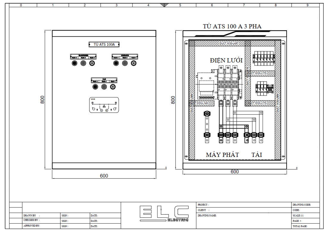 bản vẽ tủ ats 3 pha 100A vitzro có thanh cái